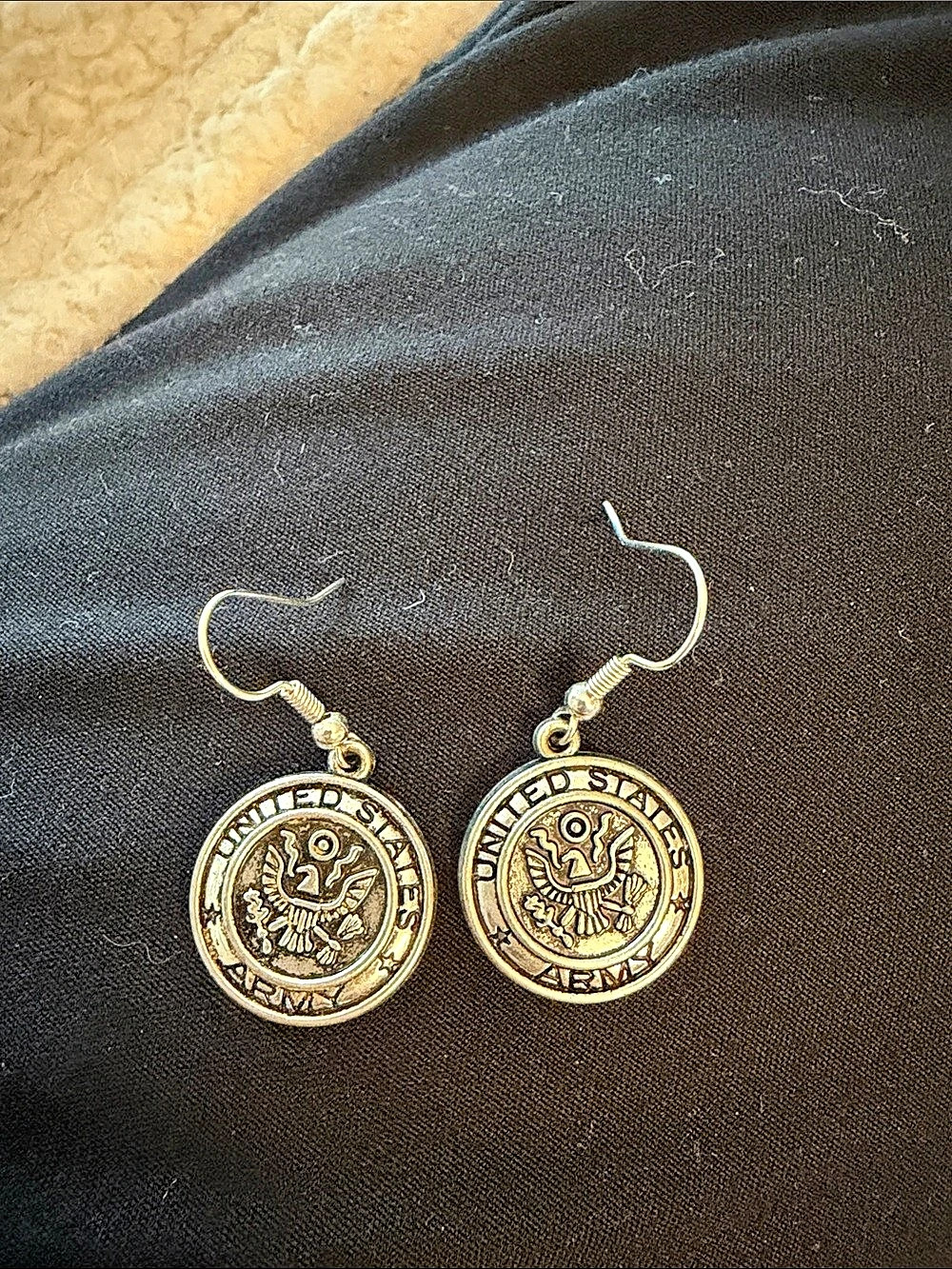 US Army Coin-Style Dangle Earrings Silver Tone